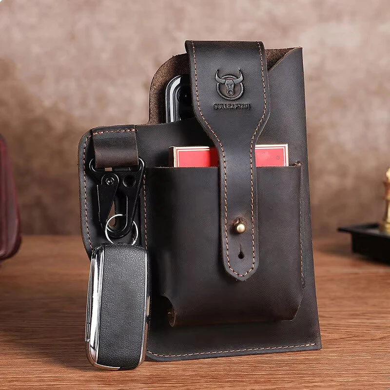 (image for) BULLCAPTAIN Genuine Leather Waist Bag for Men Belt Bag Packs 7inch Cell Phone Purse Waist Bag Wear Buckle Retro Belt Pack